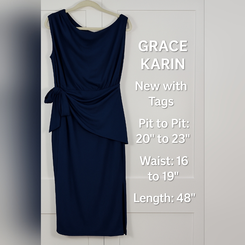 NWT Grace Karin Navy Blue One-Shoulder Faux Wrap Dress – Size Large - Picture 2 of 16